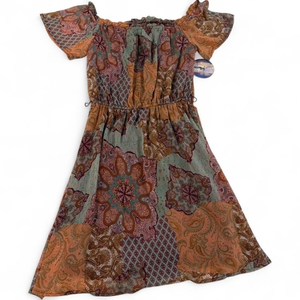 Bebop Womens Patchwork Paisley Boho Mini Dress Off Shoulder Rust Sage Size Med